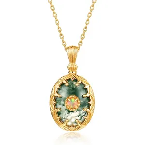 Vintage 925 Sterling Silver Green Moss Agate Pendant Necklace With Opal Inlaid 10K Gold Plated Oval Gemstone Jewelry For Women