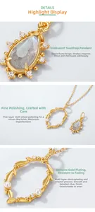 Detailed view of S925 silver necklace with teardrop labradorite and pearl frame