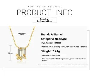 Détail du collier en argent 925 avec cristal citron, abeille et mesures exactes