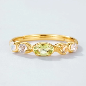 Adjustable S925 silver ring with natural peridot and multicolored gemstones in gold finish