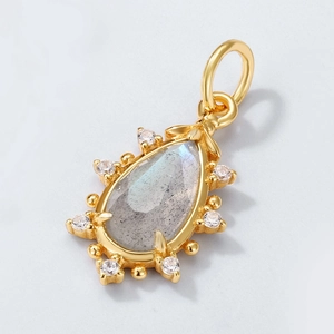 Vintage S925 silver necklace with golden teardrop labradorite and pearl pendant
