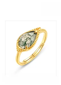 Detail of pear-shaped green moss agate stone on adjustable gold-plated S925 silver ring