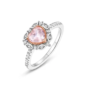 Bague Cœur Rose en Argent Sterling 925 Avec Quartz Rose Naturel et Perles Artificielles Strass pour Femme Bijoux de Princesse