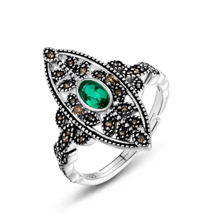 Vintage 925 Sterling Silver Leaf Ring For Women Retro Hollow Lab-grown Emerald Open Adjustable Green Gemstone Finger Ring