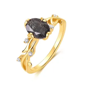 Retro 925 Sterlingsilber Vergoldeter Schwarzer Rutilquarz Ring Geometrisches Rebe Zweig Design Zirkonia Schmuck Für Damen
