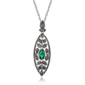 Vintage 925 Sterling Silver Lab-Grown Emerald Pendant Necklace Retro Hollow Oval Geometric Rhinestone Necklace Jewelry Gift For Women