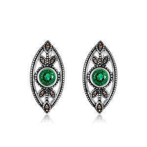 Orecchini a foglia rétro in argento S925 con gemme verdi e dettagli in ambra