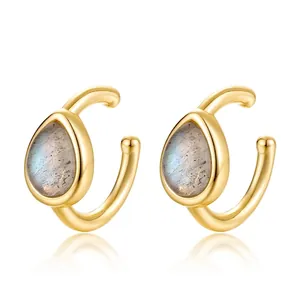 S925 Sterling Silver Geometric Ear Cuff For Women Gold Plated Teardrop Labradorite Clip On Earrings No Piercing Niche Jewelry