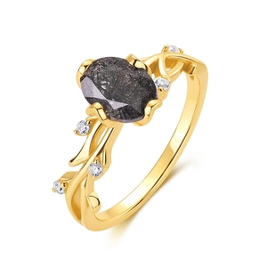 Minimalistischer S925 Silber vergoldeter Ring mit schwarzem Rutilquarz im Ast-Design