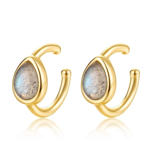 Minimalist S925 silver ear cuff with teardrop labradorite and gold polished finish