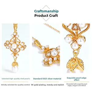 Détail du pendentif croix en argent S925 avec perle d'eau douce et placage d'or 9K