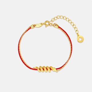 Macro view of S925 sterling silver clasp and gold snake charm on red woven bracelet