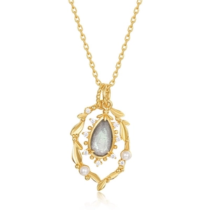 Vintage gold necklace featuring teardrop labradorite and freshwater pearls in frame