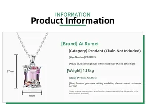 Détails du pendentif en améthyste argent S925 avec une pierre rectangulaire 8x10mm