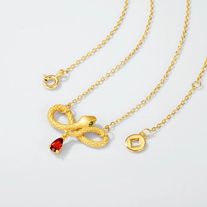 S925 sterling silver gold snake necklace with red garnet and green gem accents