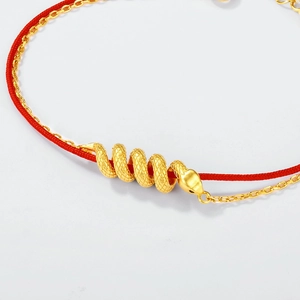 S925 Silver Snake Red String Bracelet with golden zodiac charm and double-layered chain