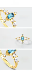 Macro detail of London Blue Topaz ring in S925 silver with gold plating and white zircon