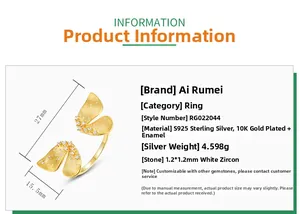 Detailed S925 silver butterfly ring specifications with 10K gold plating and cubic zirconia