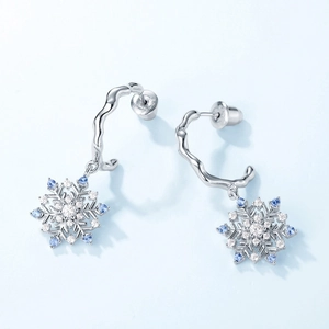 S925 sterling silver snowflake drop earrings with light blue and white gemstones