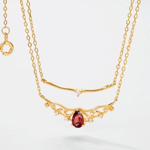 S925 silver double-layered gold necklace with teardrop garnet and vintage filigree