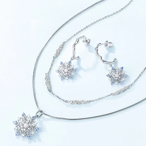 Elegant snowflake jewelry set with blue crystal necklace and drop earrings in silver finish