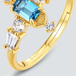 Vintage gold plated S925 silver ring with London blue topaz and white side stones