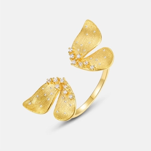 Adjustable S925 sterling silver butterfly ring with brushed gold finish and zircons