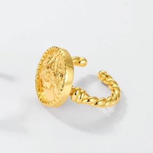 Vintage style gold relief coin ring with portrait engraving and twisted band