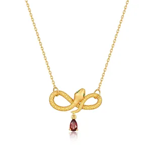 S925 Sterling Silver Infinity Snake Pendant Necklace Gold Plated Red Pear Cut Garnet Green Emerald Eyes Animal Jewelry