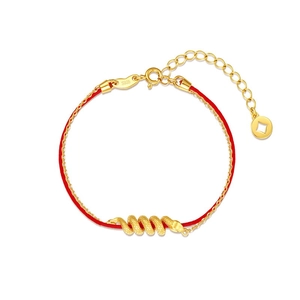 S925 sterling silver red cord bracelet with a gold-plated spiral snake pendant
