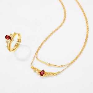 Gold plated S925 silver jewelry set with red teardrop garnet crown ring and double necklace