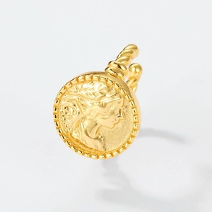 Vintage coin ear cuff in 10K gold plating featuring a detailed goddess relief and rope edge
