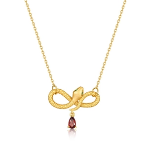 Gold-plated S925 silver infinity snake necklace with a pear-cut red garnet pendant