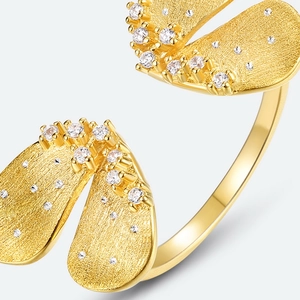 Creative butterfly open ring with Italian brushed gold finish and sparkling zircons