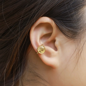 Vintage 10K gold plated S925 silver coin ear cuff featuring a portrait relief and bead trim
