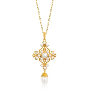 Collier Pendentif Croix en Argent Sterling 925 Vintage avec Perle Artificielle Plaqué Or Bijoux en Strass pour Femmes Cadeau