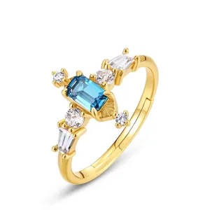 Vintage London Blue Topaz S925 Sterling Silver Ring Necklace Earrings Women Gold Plated Emerald Cut Luxurious Jewelry