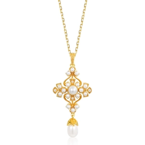 Collier rétro en argent S925 plaqué or 9K avec pendentif croix en perles et zircon