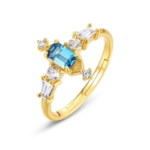 Vintage gold vermeil silver ring with emerald cut London blue topaz stone and zircon accents
