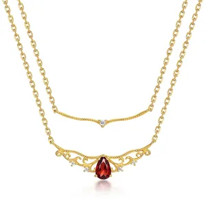 S925 Sterling Silver Natural Garnet Necklace Vintage Red Water Drop Pendant Double Layer Necklace Rhinestone Women Jewelry