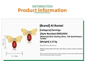 Macro detail of bee stud earrings with garnet stones and S925 silver dimensions