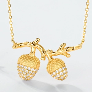 S925 sterling silver acorn pendant necklace with gold sandblasting and white zircon stones