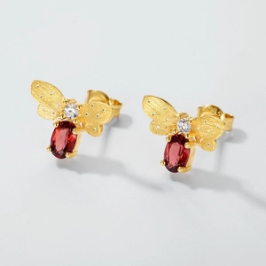 S925 silver 10K gold bee earrings with red garnet stones and brushed finish wings