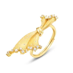 Bague Ouverte en Argent Sterling 925 Rétro Français Or Brossé Nœud Papillon Jupe pour Femmes Élégante Zirconia Ajustable Bijoux