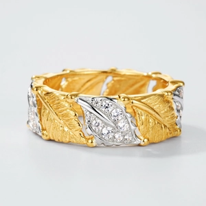 Handcrafted brushed gold maple leaf ring in S925 silver with two-tone texture and crystals