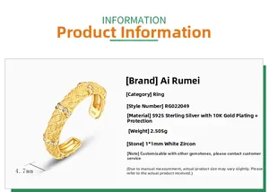 Detail of gold-plated silver ring featuring woven texture and white zircon inlay