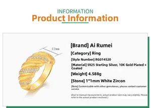 Détail macro d'une bague torsadée en argent S925 doré avec pierres en zircon blanc