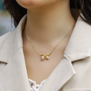 S925 Sterling Silver Gold Hazelnut Necklace with Sandblasted Finish and Inlaid Zircon