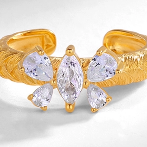 Exquisite butterfly zircon open ring with elegant Italian brushed finish in gold plating