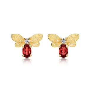Luxurious bee stud earrings in brushed gold with garnet and sparkling zircons
